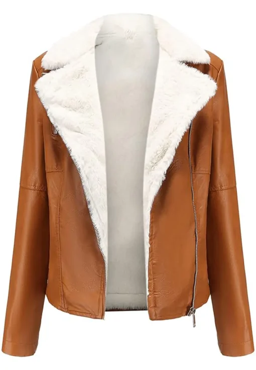womens-lapel-collar-brown-faux-leather-shearling-biker-jacket