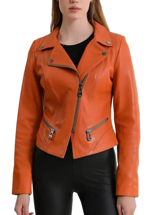 womens-orange-faux-leather-stylish-biker-jacket