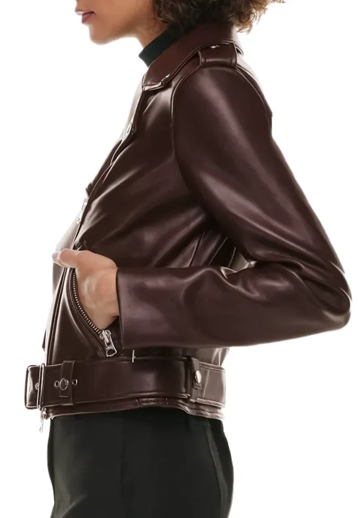 Women's Rich Mocha Brown Faux Leather Moto Jacket - Image 5