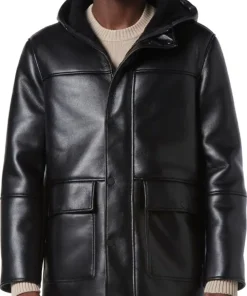 mens-black-faux-leather-faux-shearling-hooded-jacket