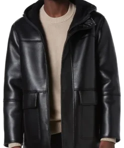 mens-black-faux-leather-faux-shearling-hooded-jacket
