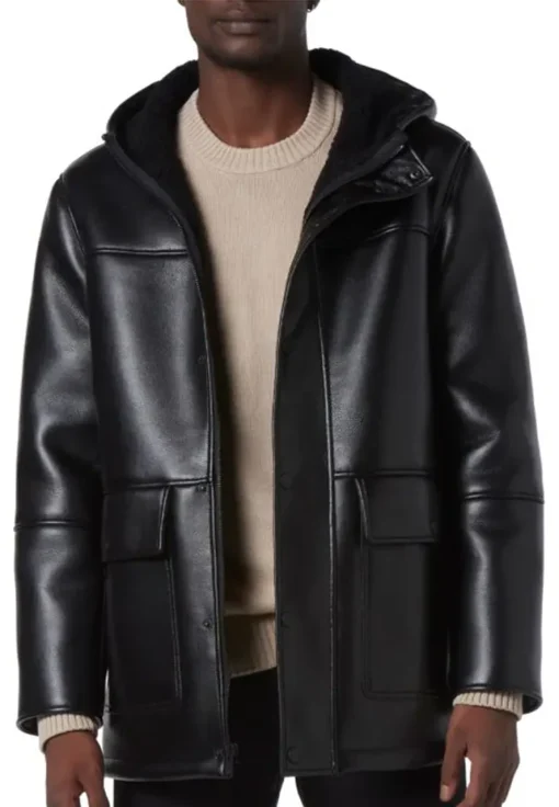 mens-black-faux-leather-faux-shearling-hooded-jacket