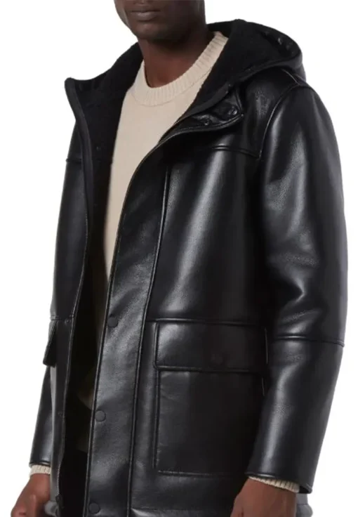 mens-black-faux-leather-faux-shearling-hooded-jacket