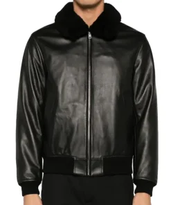 mens-black-bomber-shearling-collar-faux-leather-jacket
