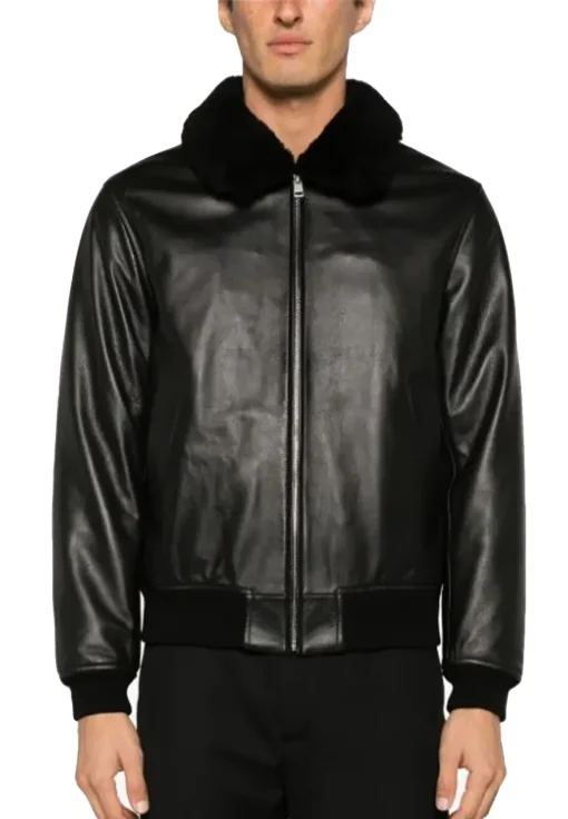 mens-black-bomber-shearling-collar-faux-leather-jacket