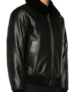 mens-black-bomber-shearling-collar-faux-leather-jacket