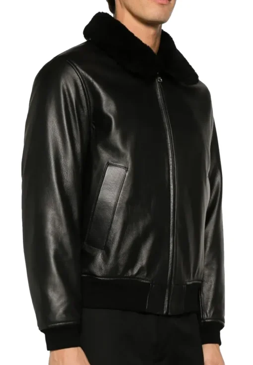 mens-black-bomber-shearling-collar-faux-leather-jacket