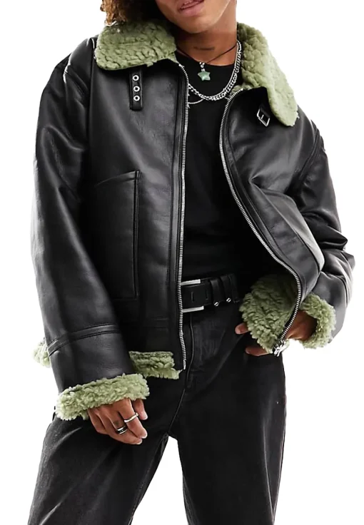 mens-black-faux-leather-green-faux-shearling-jacket
