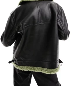 mens-black-faux-leather-green-faux-shearling-jacket