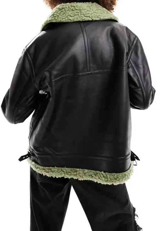 mens-black-faux-leather-green-faux-shearling-jacket