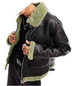 mens-black-faux-leather-green-faux-shearling-jacket