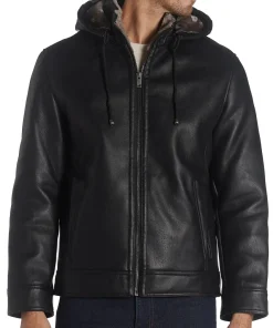 mens-black-faux-leather-hooded-shearling-jacket
