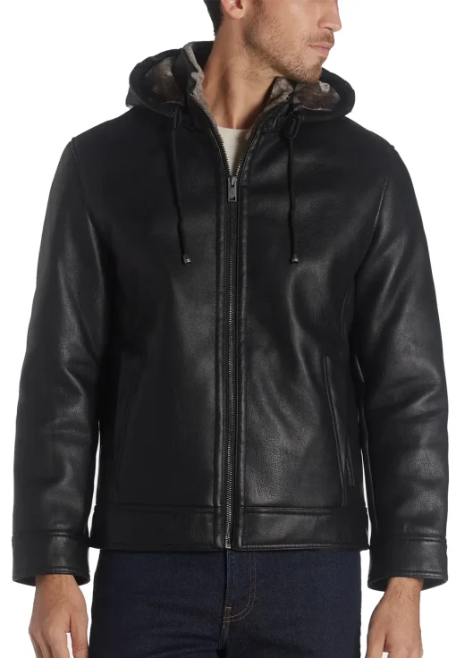 mens-black-faux-leather-hooded-shearling-jacket