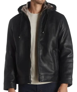 mens-black-faux-leather-hooded-shearling-jacket
