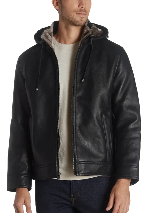 mens-black-faux-leather-hooded-shearling-jacket