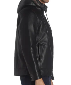 mens-black-faux-leather-hooded-shearling-jacket