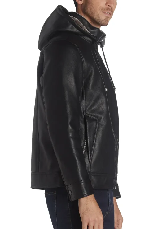 mens-black-faux-leather-hooded-shearling-jacket