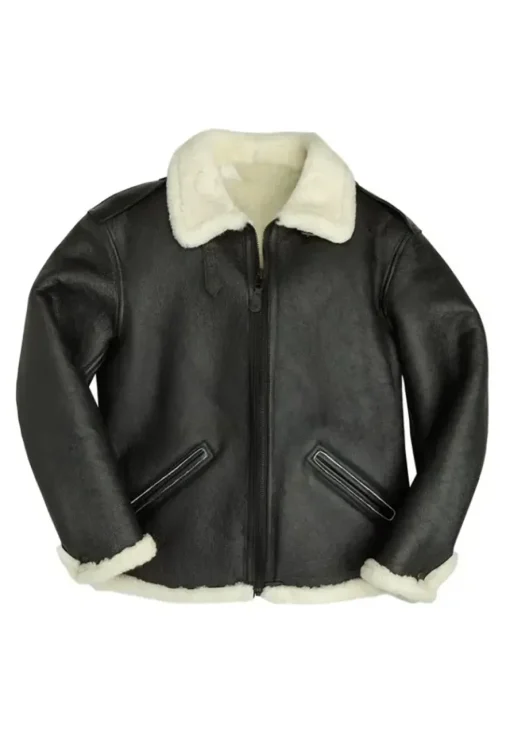 Men's Black Faux Leather Shearling Bomber Jacket