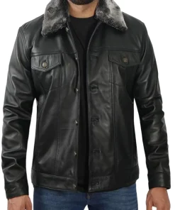 mens-black-faux-leather-shearling-collar-trucker-jacket