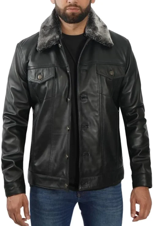 mens-black-faux-leather-shearling-collar-trucker-jacket