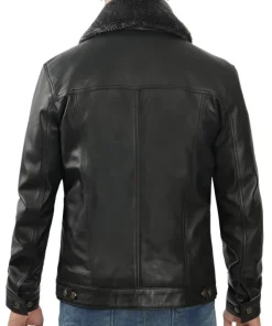 mens-black-faux-leather-shearling-collar-trucker-jacket