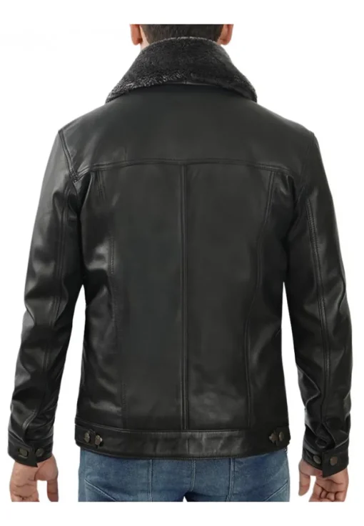 mens-black-faux-leather-shearling-collar-trucker-jacket