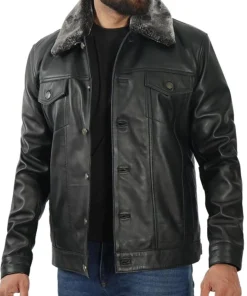 mens-black-faux-leather-shearling-collar-trucker-jacket