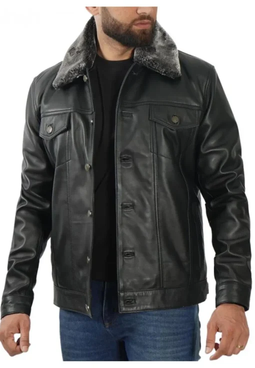 mens-black-faux-leather-shearling-collar-trucker-jacket