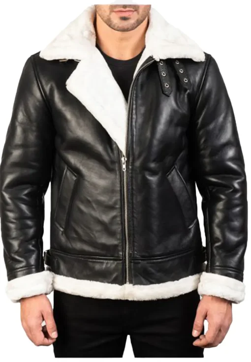 mens-black-faux-leather-white-shearling-bomber-jacket