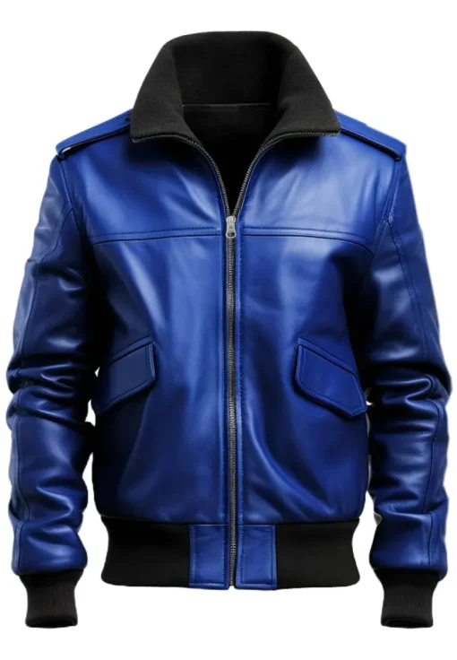 mens-blue-bomber-faux-leather-jacket
