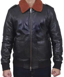mens-brown-shearling-collar-black-faux-leather-bomber-jacket
