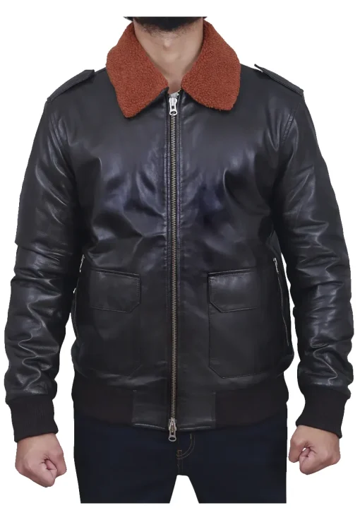 mens-brown-shearling-collar-black-faux-leather-bomber-jacket