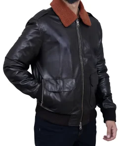 mens-brown-shearling-collar-black-faux-leather-bomber-jacket