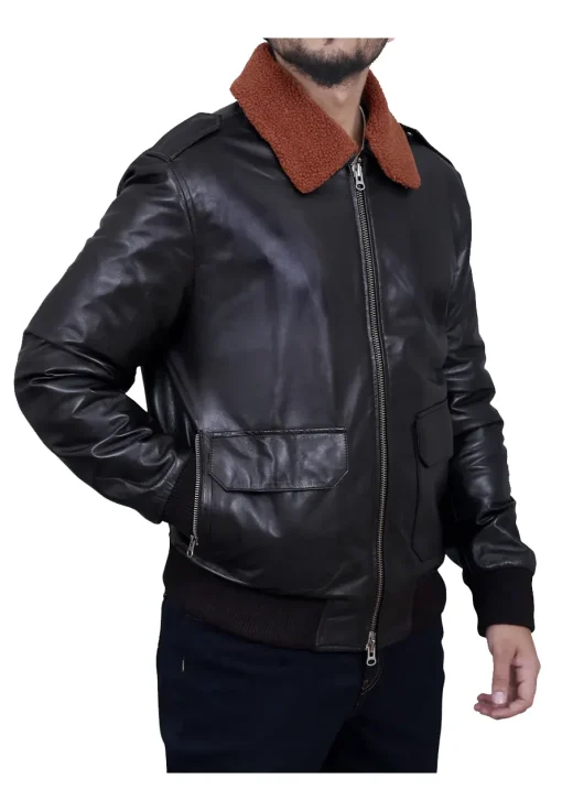 mens-brown-shearling-collar-black-faux-leather-bomber-jacket