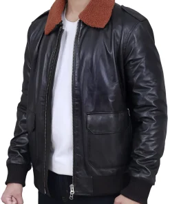 mens-brown-shearling-collar-black-faux-leather-bomber-jacket