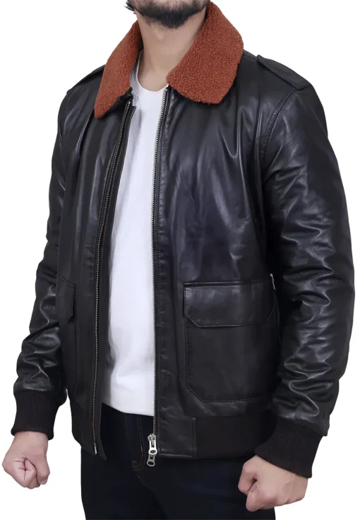 mens-brown-shearling-collar-black-faux-leather-bomber-jacket