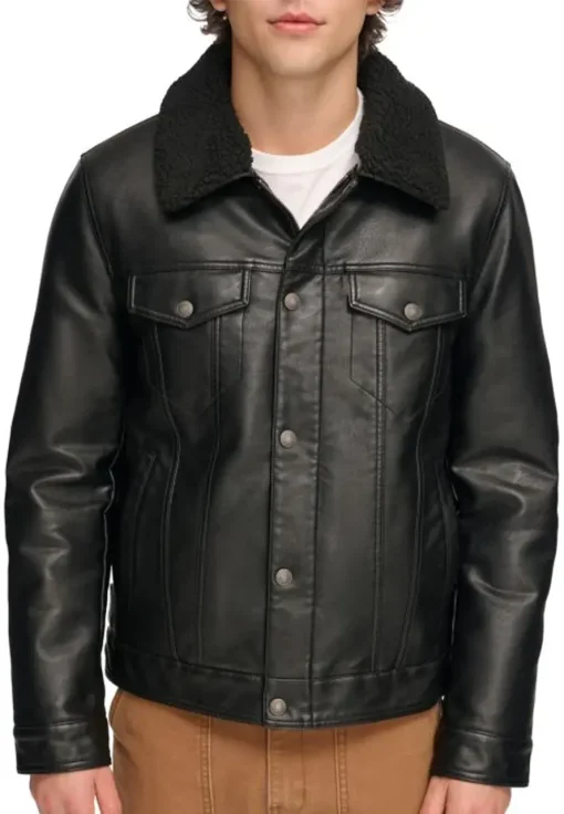 mens-faux-shearling-collar-black-faux-leather-trucker-jacket