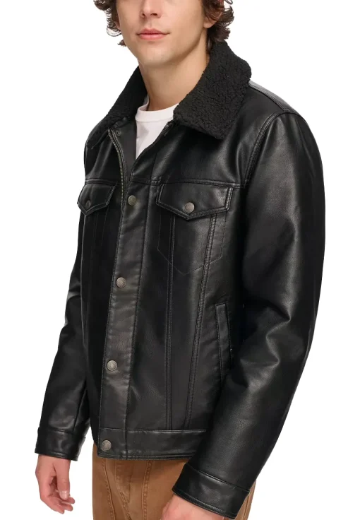 mens-faux-shearling-collar-black-faux-leather-trucker-jacket