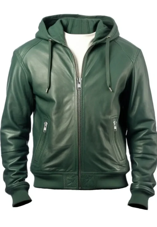 mens-green-faux-leather-bomber-jacket-with-hood