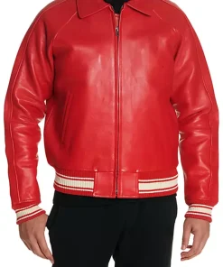mens-icon-red-faux-leather-bomber-jacket