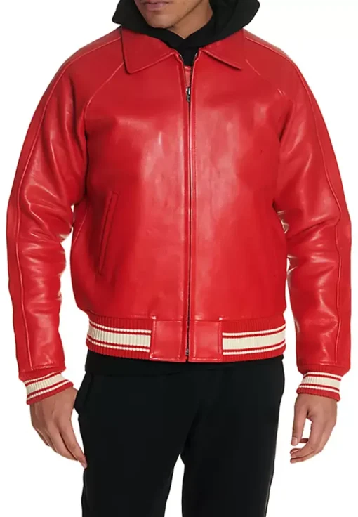 mens-icon-red-faux-leather-bomber-jacket