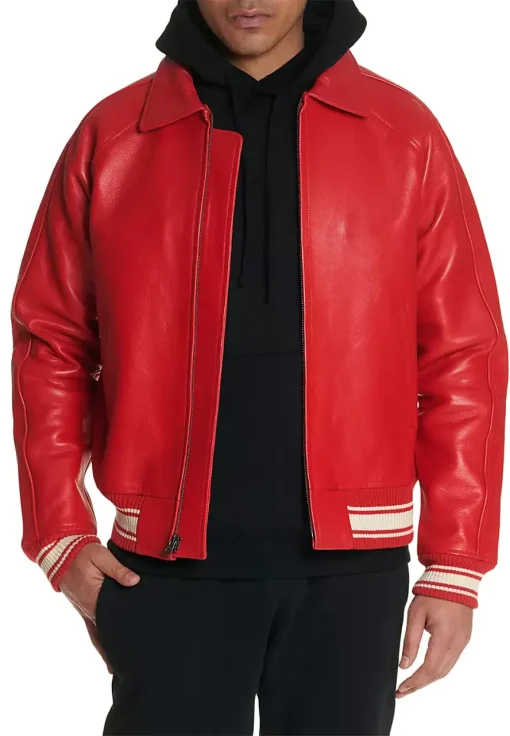 mens-icon-red-faux-leather-bomber-jacket