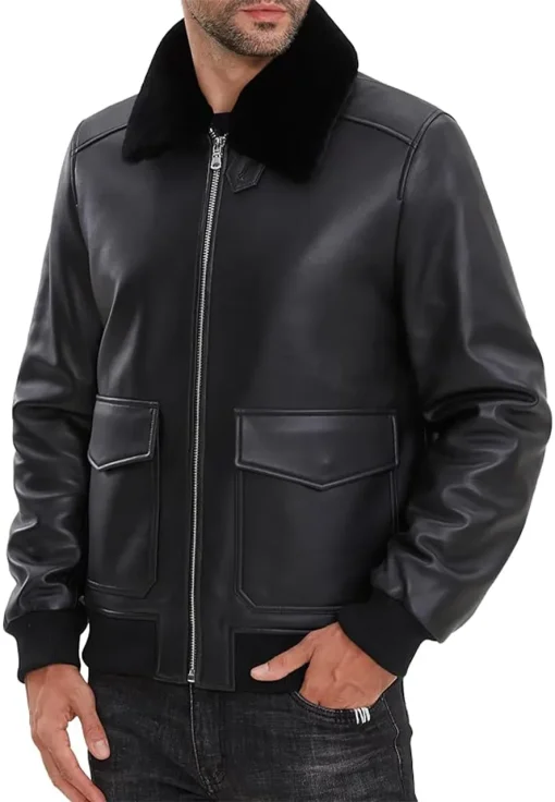mens-removable-fur-collar-black-faux-leather-bomber-jacket
