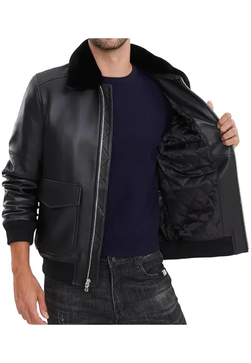 mens-removable-fur-collar-black-faux-leather-bomber-jacket