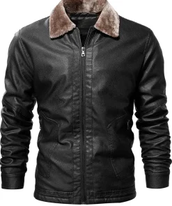 mens-vintage-shearling-collar-black-faux-leather-jacket