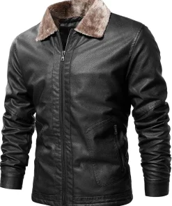 mens-vintage-shearling-collar-black-faux-leather-jacket
