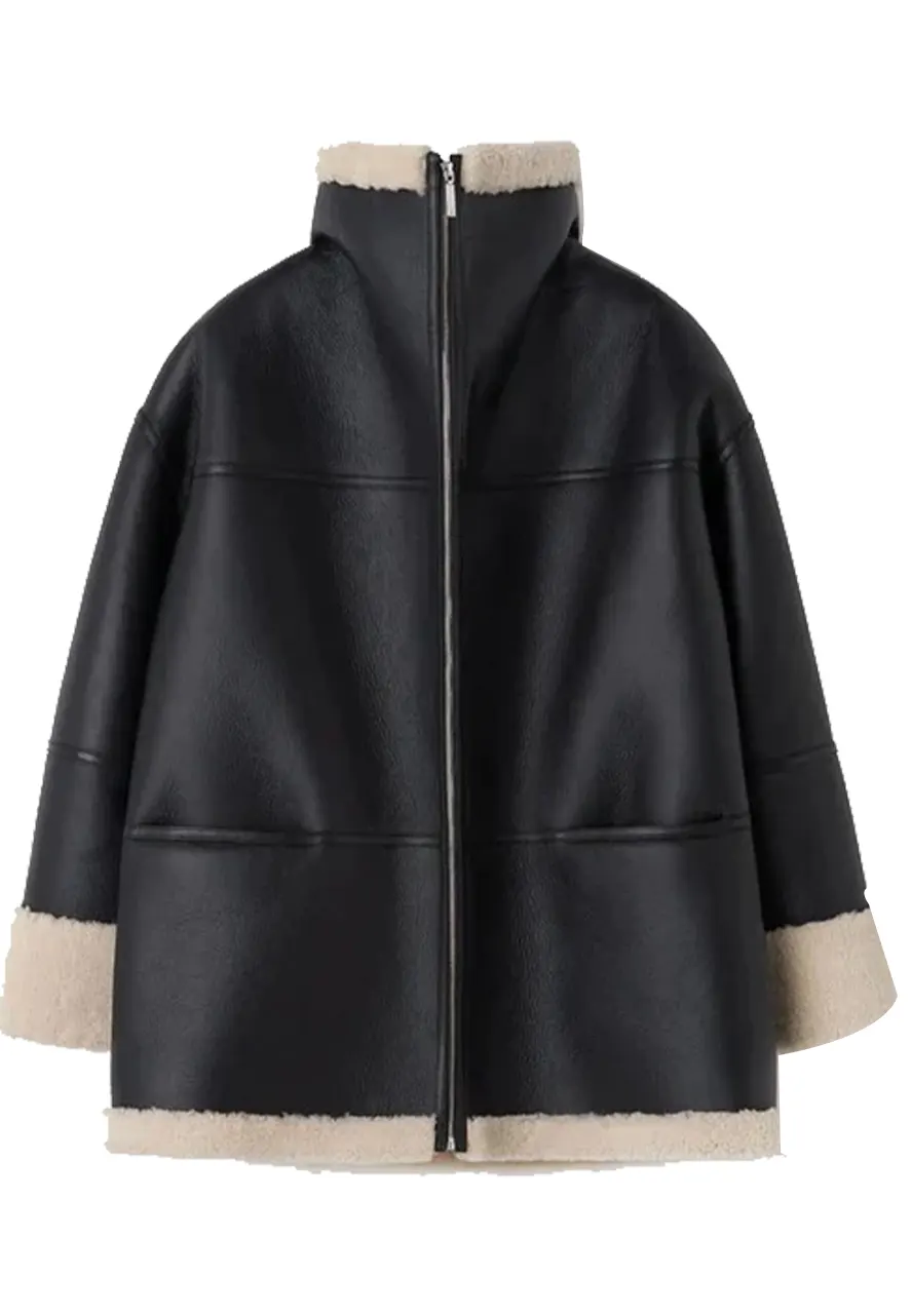 Women’s Aviator Black Shearling Faux Leather Long Jacket 4 womens-aviator-black-shearling-faux-leather-long-jacket