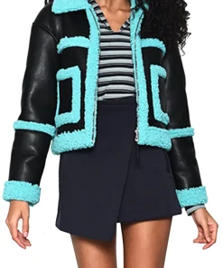 womens-black-faux-leather-blue-shearling-jacket