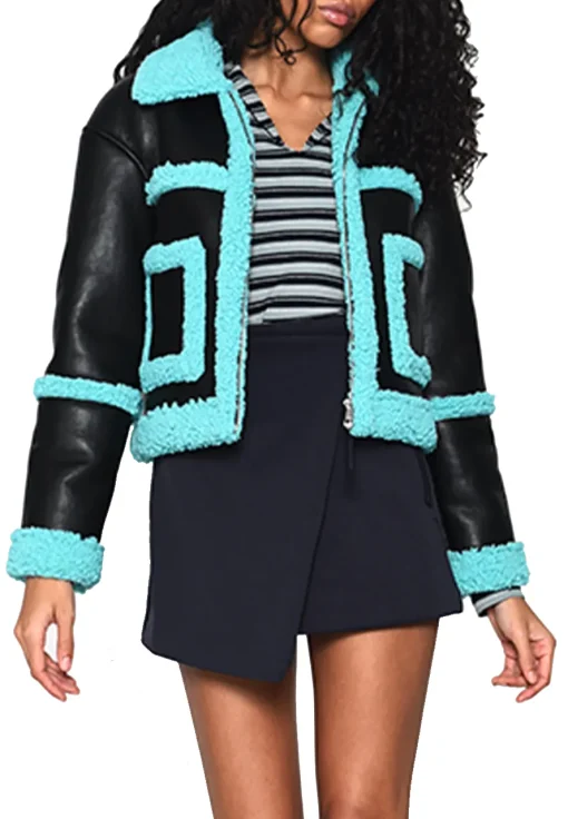 womens-black-faux-leather-blue-shearling-jacket