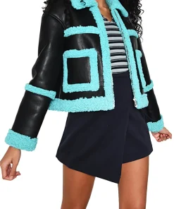 womens-black-faux-leather-blue-shearling-jacket